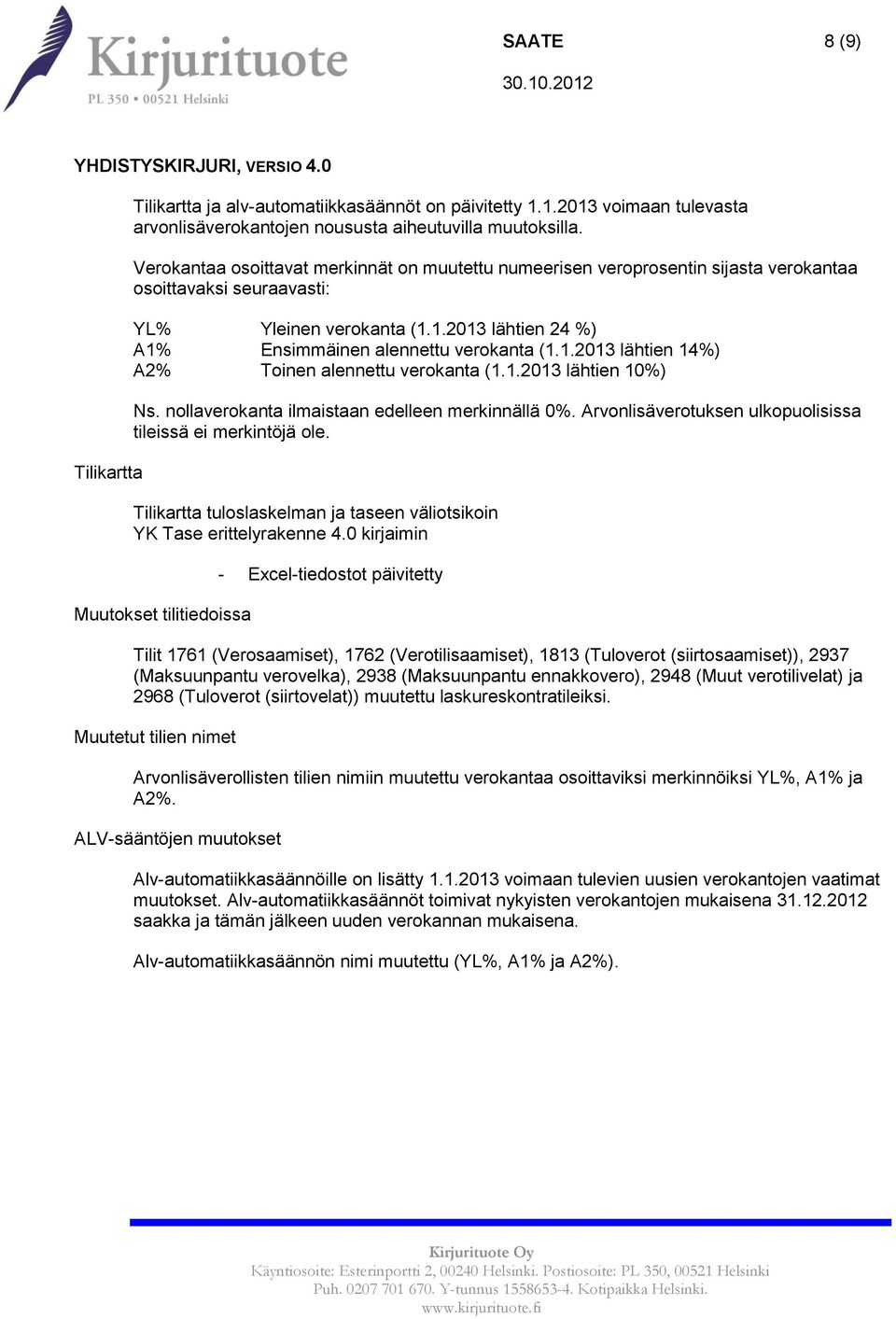 1.2013 lähtien 14%) A2% Toinen alennettu verokanta (1.1.2013 lähtien 10%) Ns. nollaverokanta ilmaistaan edelleen merkinnällä 0%. Arvonlisäverotuksen ulkopuolisissa tileissä ei merkintöjä ole.