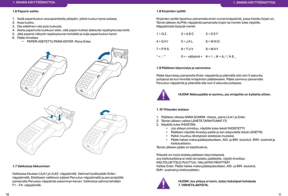 Pääte ilmoittaa: PAPERI ASETETTU PAINA ENTER. Paina Enter. 1.8 Kirjainten syöttö Kirjainten syöttö tapahtuu painamalla ensin numeronäppäintä, jossa haluttu kirjain on.