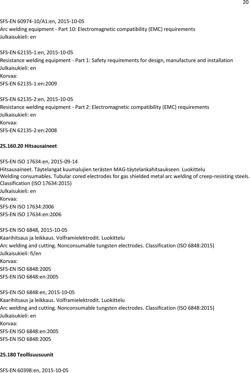 SFS-EN 62135-2:en:2008 25.160.20 Hitsausaineet SFS-EN ISO 17634:en, 2015-09-14 Hitsausaineet. Täytelangat kuumalujien terästen MAG-täytelankahitsaukseen. Luokittelu Welding consumables.