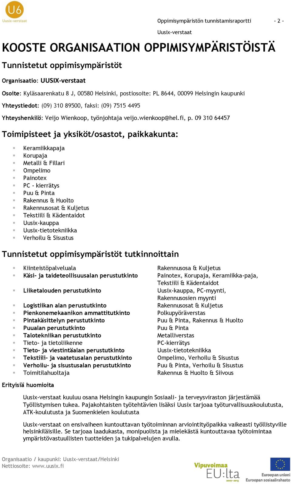 09 310 64457 Toimipisteet ja yksiköt/osastot, paikkakunta: Keramiikkapaja Korupaja Metalli & Fillari Ompelimo Painotex PC - kierrätys Puu & Pinta Rakennus & Huolto Rakennusosat & Kuljetus Tekstiili &