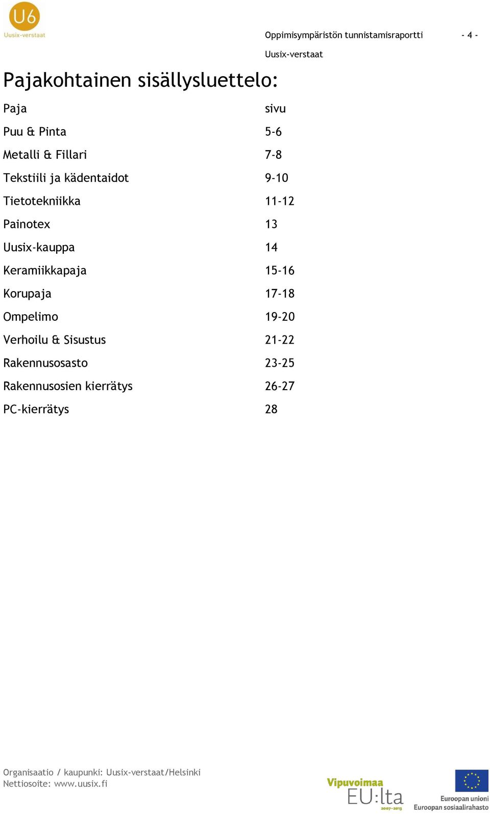 Uusix-kauppa 14 Keramiikkapaja 15-16 Korupaja 17-18 Ompelimo 19-20 Verhoilu & Sisustus 21-22