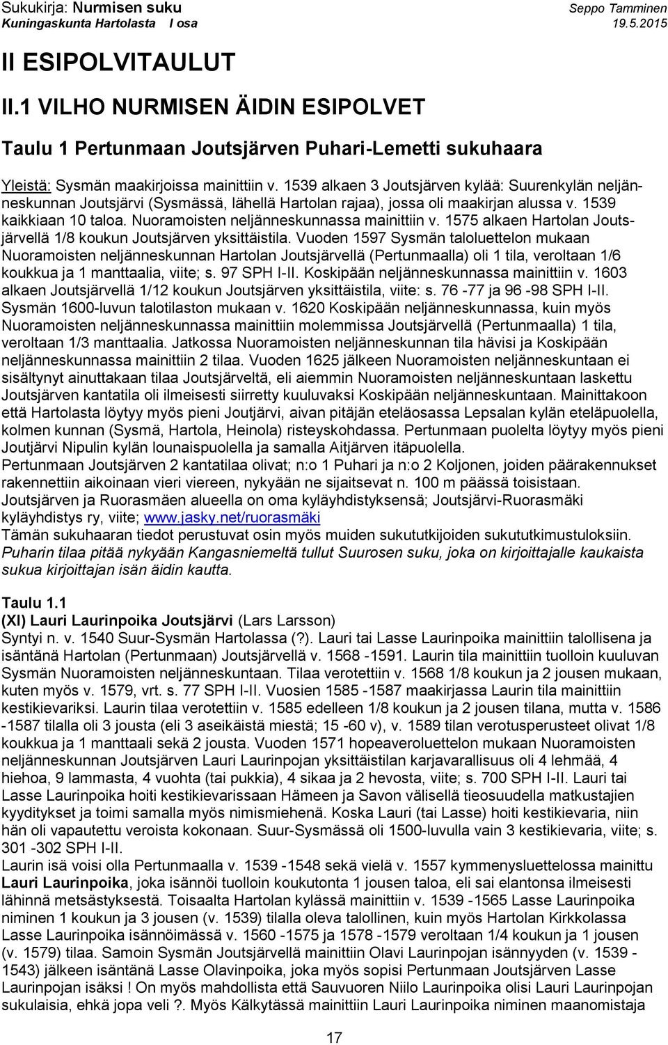 Nuoramoisten neljänneskunnassa mainittiin v. 1575 alkaen Hartolan Joutsjärvellä 1/8 koukun Joutsjärven yksittäistila.