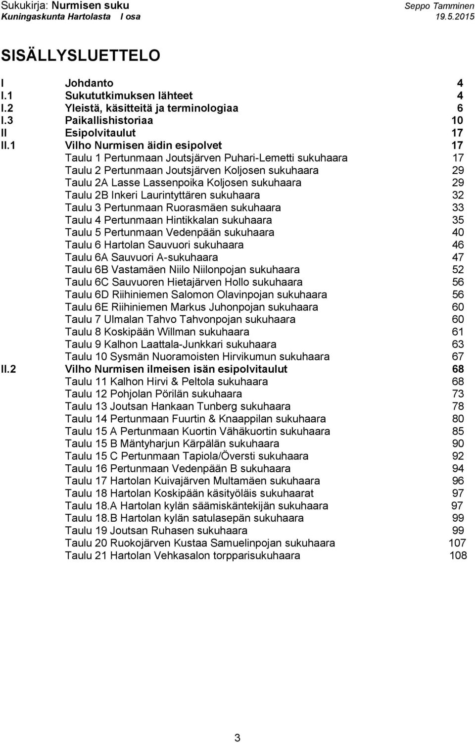 Taulu 2B Inkeri Laurintyttären sukuhaara 32 Taulu 3 Pertunmaan Ruorasmäen sukuhaara 33 Taulu 4 Pertunmaan Hintikkalan sukuhaara 35 Taulu 5 Pertunmaan Vedenpään sukuhaara 40 Taulu 6 Hartolan Sauvuori