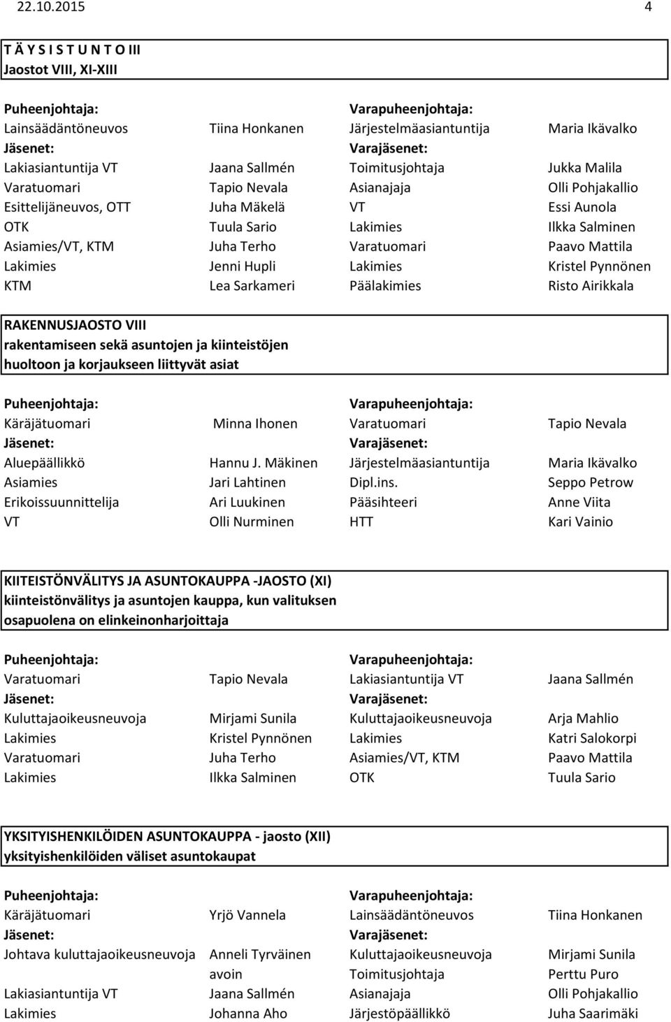 Varatuomari Tapio Nevala Asianajaja Olli Pohjakallio Esittelijäneuvos, OTT Juha Mäkelä VT Essi Aunola Asiamies/VT, KTM Juha Terho Varatuomari Paavo Mattila Lakimies Jenni Hupli Lakimies Kristel