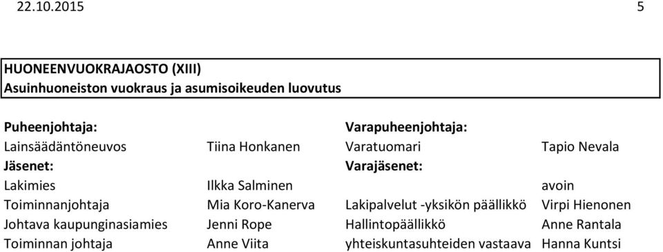 Lainsäädäntöneuvos Tiina Honkanen Varatuomari Tapio Nevala Lakimies Ilkka Salminen avoin
