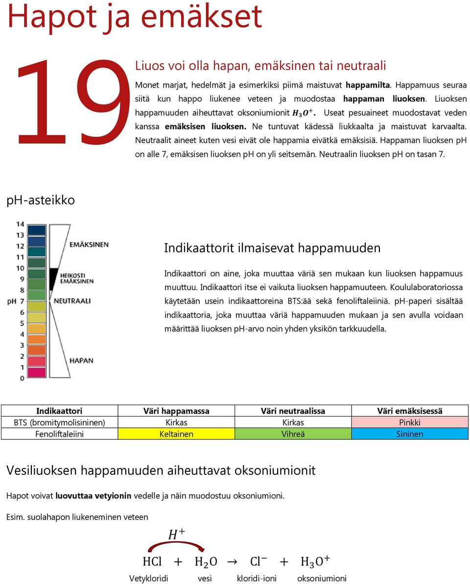 Ne tuntuvat kädessä liukkaalta ja maistuvat karvaalta. Neutraalit aineet kuten vesi eivät ole happamia eivätkä emäksisiä. Happaman liuoksen ph on alle 7, emäksisen liuoksen ph on yli seitsemän.