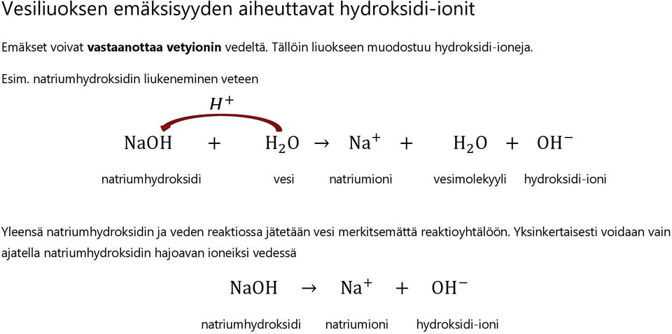 natriumhydroksidin liukeneminen veteen natriumhydroksidi vesi natriumioni vesimolekyyli hydroksidi-ioni Yleensä
