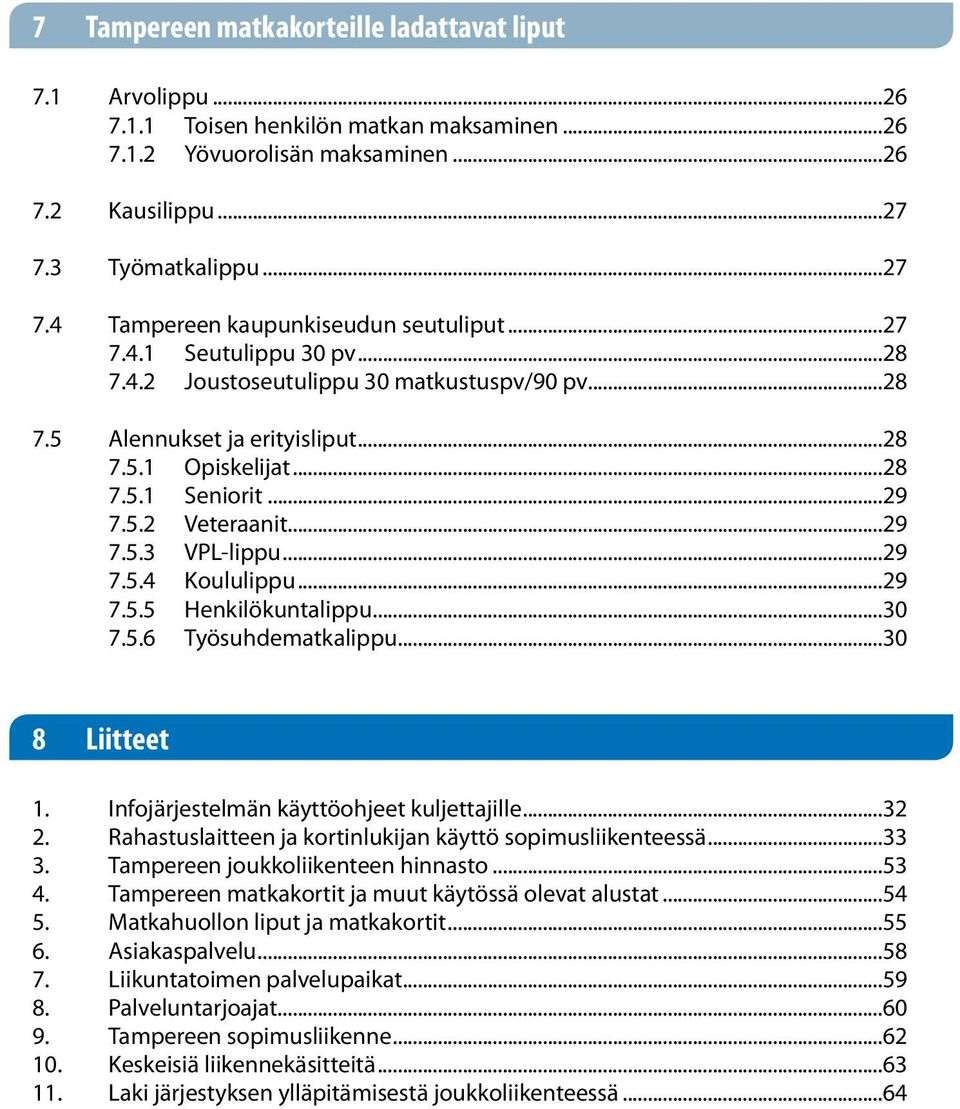 ..28 7.5.1 Seniorit...29 7.5.2 Veteraanit...29 7.5.3 VPL-lippu...29 7.5.4 Koululippu...29 7.5.5 Henkilökuntalippu...30 7.5.6 Työsuhdematkalippu...30 8 Liitteet 1.