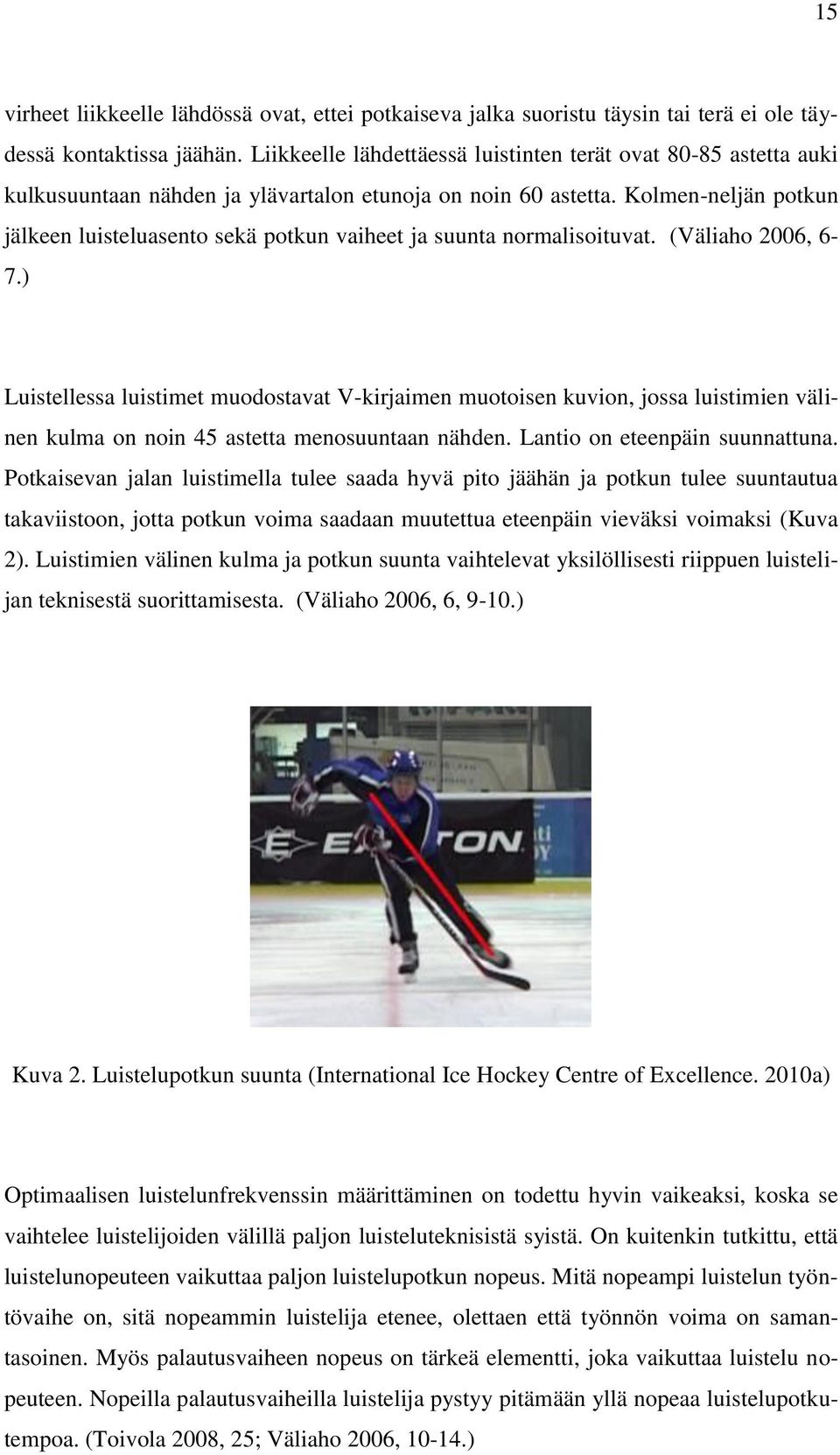 Kolmen-neljän potkun jälkeen luisteluasento sekä potkun vaiheet ja suunta normalisoituvat. (Väliaho 2006, 6-7.