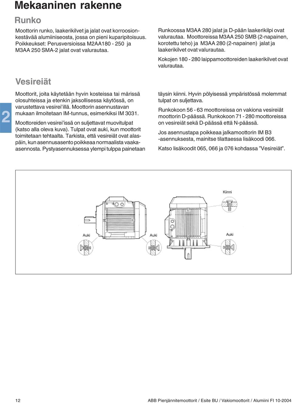 Moottoreissa M3AA 250 SMB (2-napainen, korotettu teho) ja M3AA 280 (2-napainen) jalat ja laakerikilvet ovat valurautaa. Kokojen 180-280 laippamoottoreiden laakerikilvet ovat valurautaa.