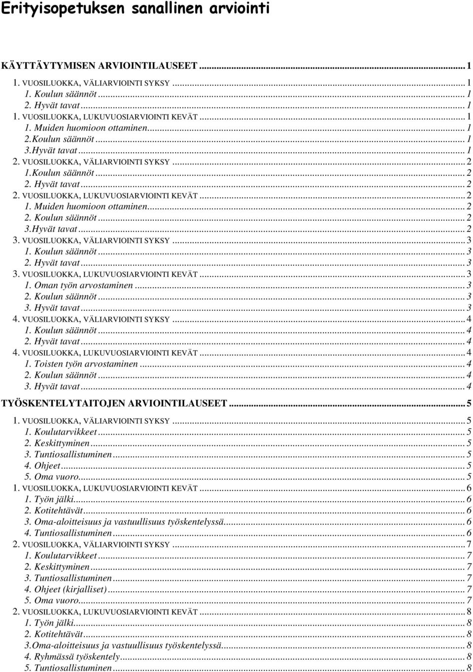 .. 2 1. Muiden huomioon ottaminen... 2 2. Koulun säännöt... 2 3.Hyvät tavat... 2 3. VUOSILUOKKA, VÄLIARVIOINTI SYKSY... 3 1. Koulun säännöt... 3 2. Hyvät tavat... 3 3.