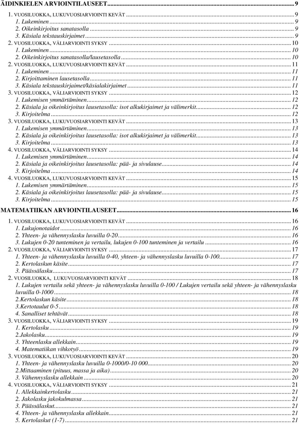 Käsiala tekstauskirjaimet/käsialakirjaimet... 11 3. VUOSILUOKKA, VÄLIARVIOINTI SYKSY... 12 1. Lukemisen ymmärtäminen... 12 2. Käsiala ja oikeinkirjoitus lausetasolla: isot alkukirjaimet ja välimerkit.