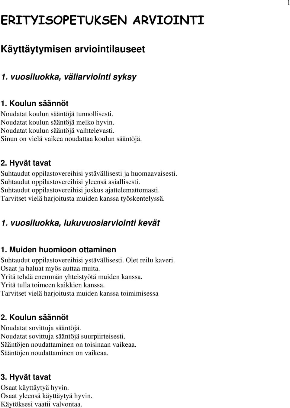 Suhtaudut oppilastovereihisi yleensä asiallisesti. Suhtaudut oppilastovereihisi joskus ajattelemattomasti. Tarvitset vielä harjoitusta muiden kanssa työskentelyssä. 1.