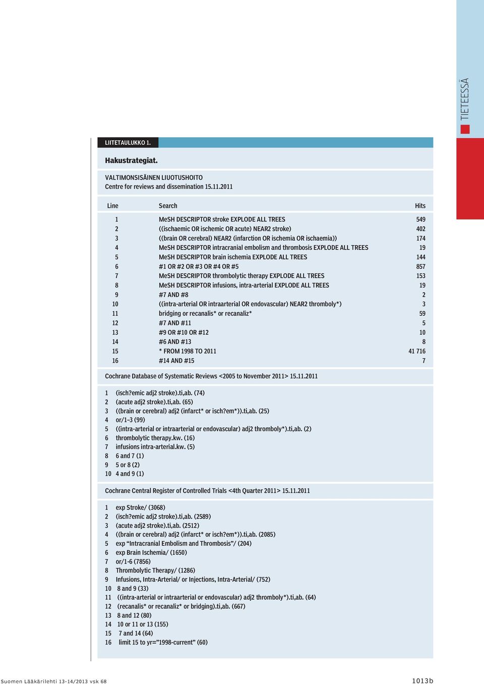 MeSH DESCRIPTOR intracranial embolism and thrombosis EXPLODE ALL TREES 19 5 MeSH DESCRIPTOR brain ischemia EXPLODE ALL TREES 144 6 #1 OR #2 OR #3 OR #4 OR #5 857 7 MeSH DESCRIPTOR thrombolytic