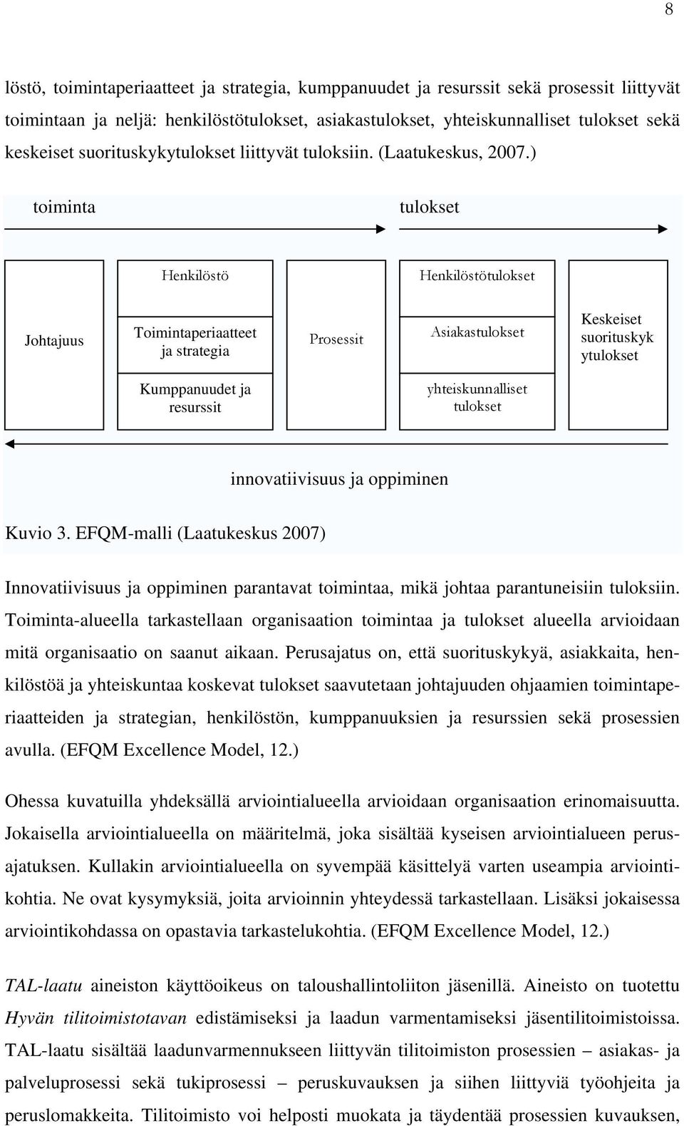 ) toiminta tulokset Henkilöstö Henkilöstötulokset Johtajuus Toimintaperiaatteet ja strategia Prosessit Asiakastulokset Keskeiset suorituskyk ytulokset Kumppanuudet ja resurssit yhteiskunnalliset