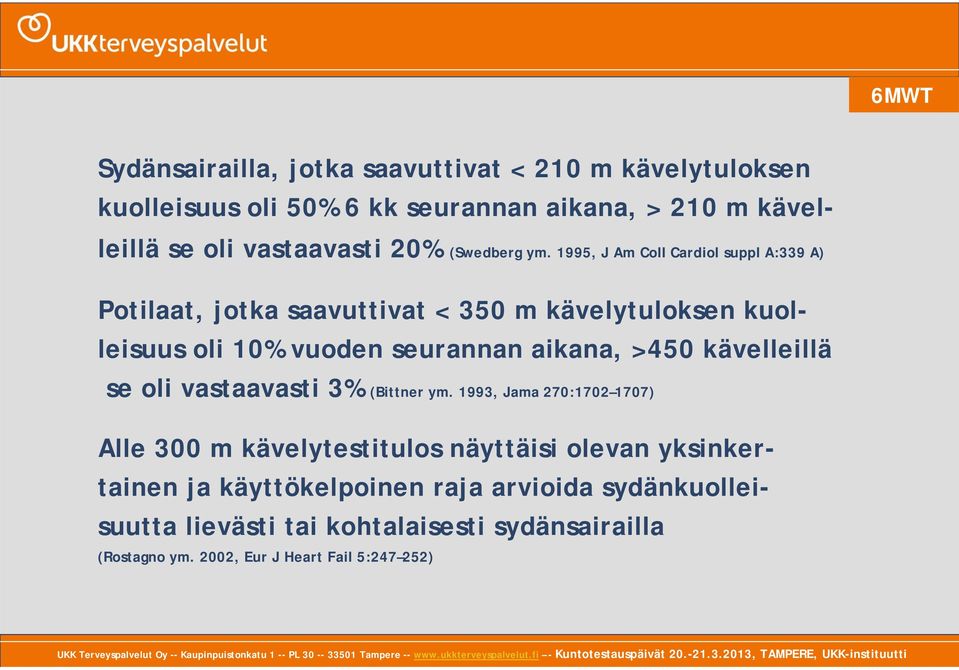 1995, J Am Coll Cardiol suppl A:339 A) Potilaat, jotka saavuttivat < 350 m kävelytuloksen kuolleisuus oli 10% vuoden seurannan aikana, >450