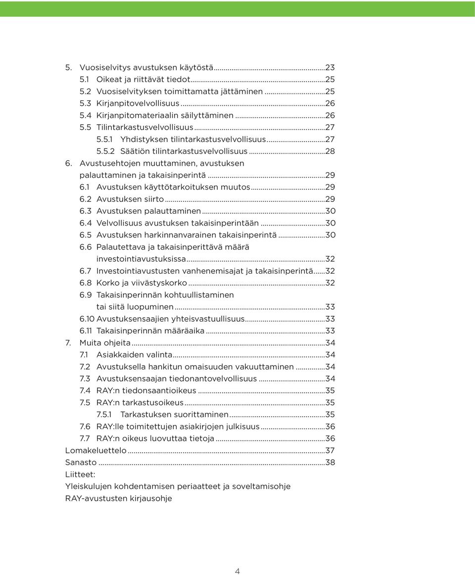 Avustusehtojen muuttaminen, avustuksen palauttaminen ja takaisinperintä...29 6.1 Avustuksen käyttötarkoituksen muutos...29 6.2 Avustuksen siirto...29 6.3 Avustuksen palauttaminen...30 6.