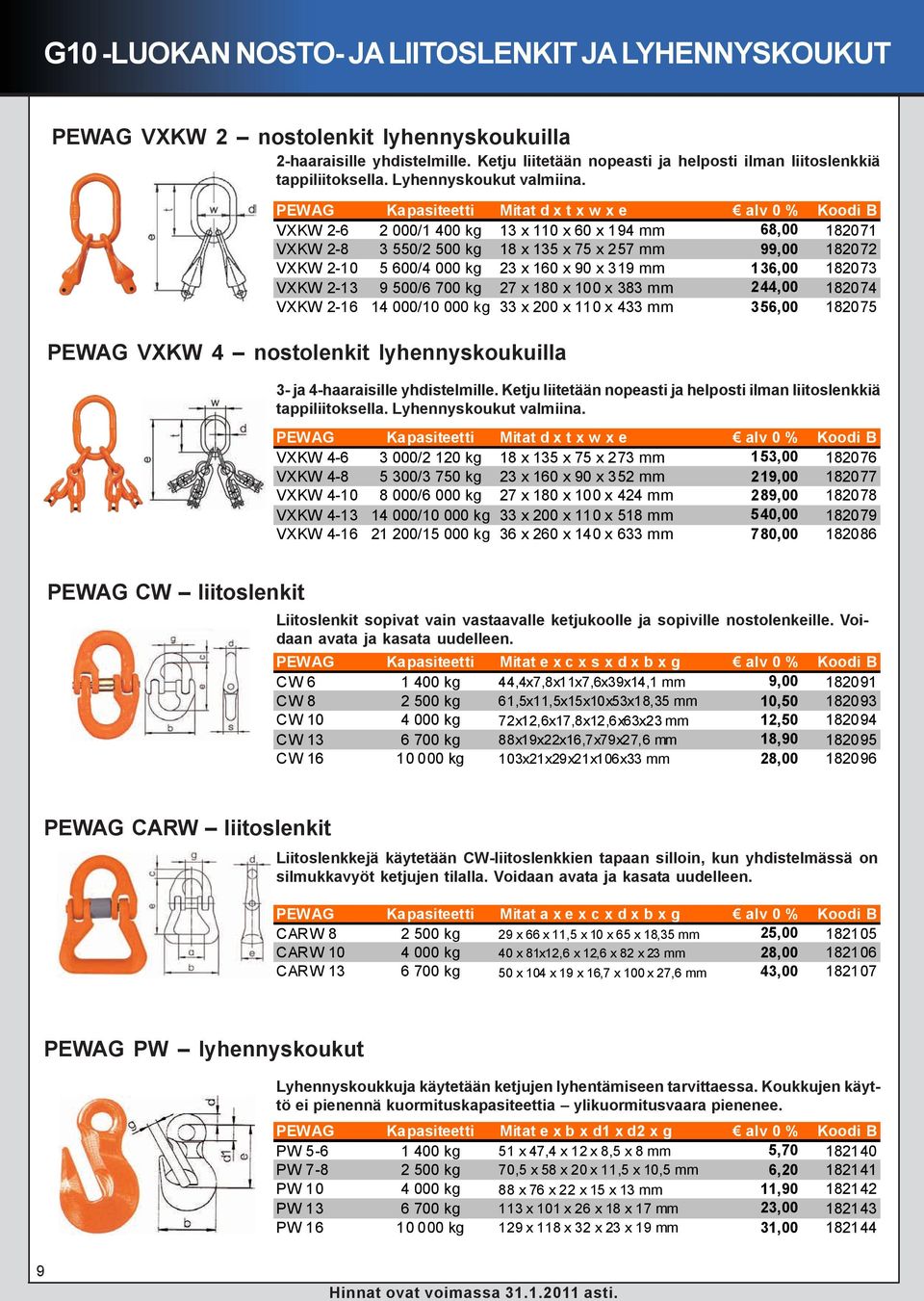 PEWAG Kapasiteetti Mitat d x t x w x e alv 0 % Koodi B VXKW 2-6 2 000/1 400 kg 13 x 110 x 60 x 194 mm 68,00 182071 VXKW 2-8 3 550/2 500 kg 18 x 135 x 75 x 257 mm 99,00 182072 VXKW 2-10 5 600/4 000 kg