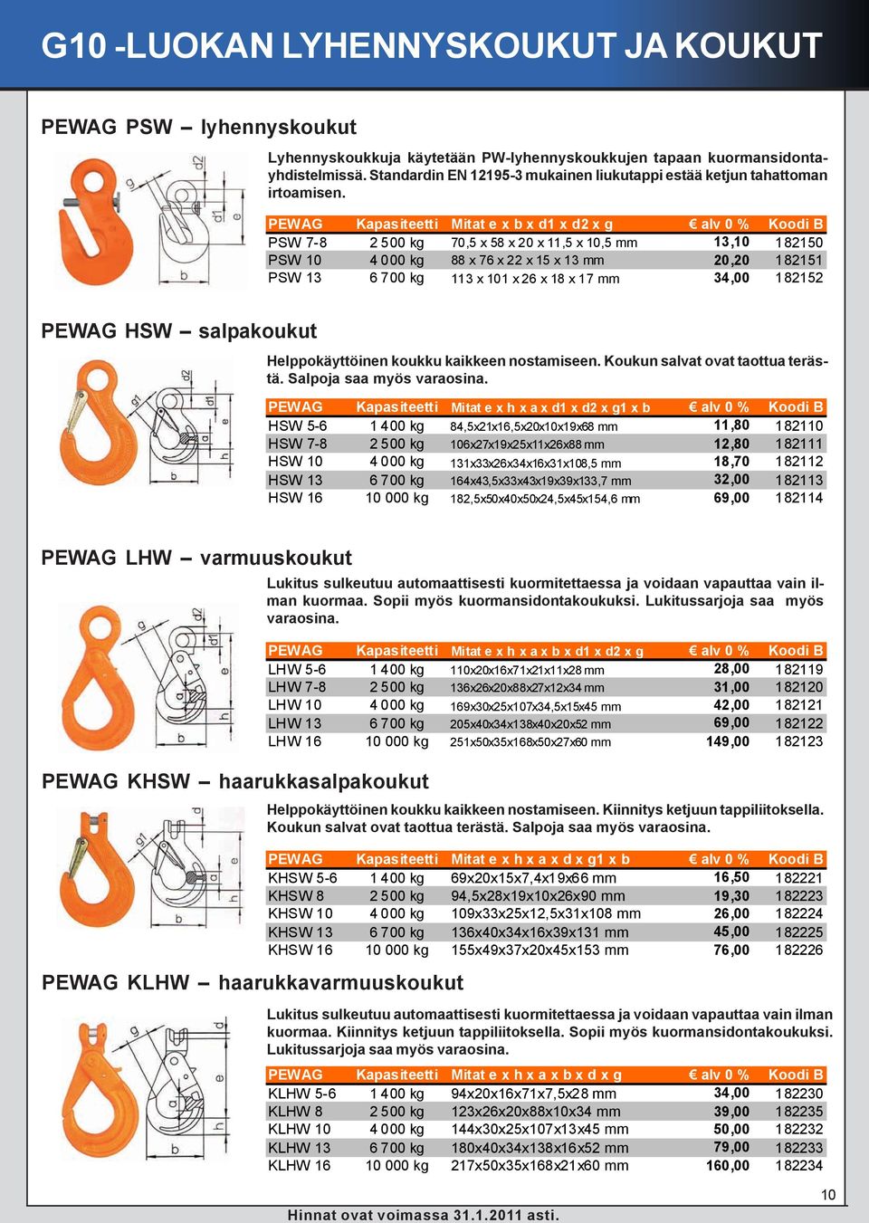 PEWAG Kapasiteetti Mitat e x b x d1 x d2 x g alv 0 % Koodi B PSW 7-8 2 500 kg 70,5 x 58 x 20 x 11,5 x 10,5 mm 13,10 182150 PSW 10 4 000 kg 88 x 76 x 22 x 15 x 13 mm 20,20 182151 PSW 13 6 700 kg 113 x