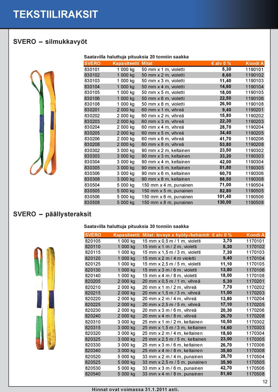 1190105 830106 1 000 kg 50 mm x 6 m, violetti 22,50 1190106 830108 1 000 kg 50 mm x 8 m, violetti 26,90 1190108 830201 2 000 kg 60 mm x 1 m, vihreä 9,40 1190201 830202 2 000 kg 60 mm x 2 m, vihreä