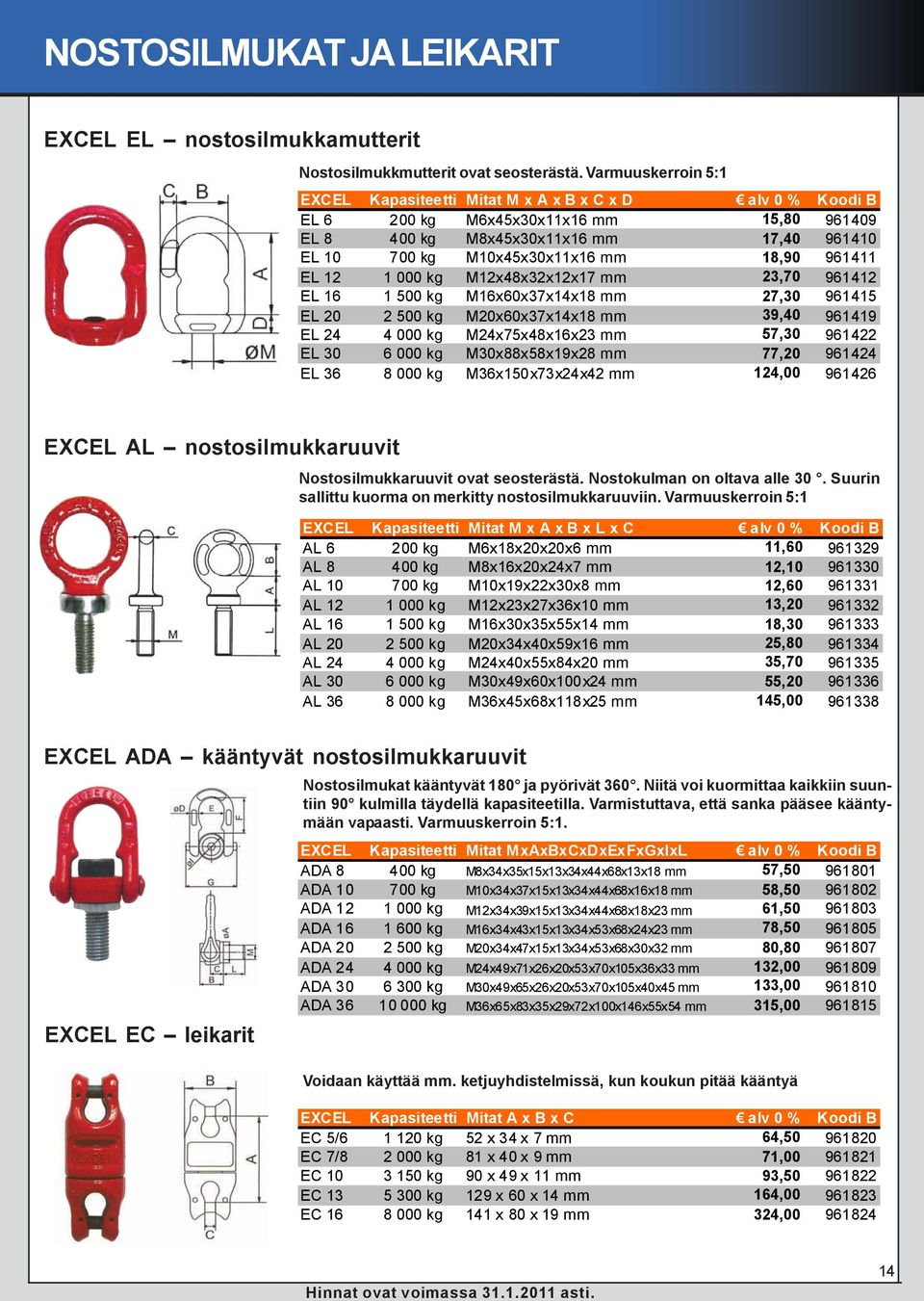 18,90 961411 EL 12 1 000 kg M12x48x32x12x17 mm 23,70 961412 EL 16 1 500 kg M16x60x37x14x18 mm 27,30 961415 EL 20 2 500 kg M20x60x37x14x18 mm 39,40 961419 EL 24 4 000 kg M24x75x48x16x23 mm 57,30