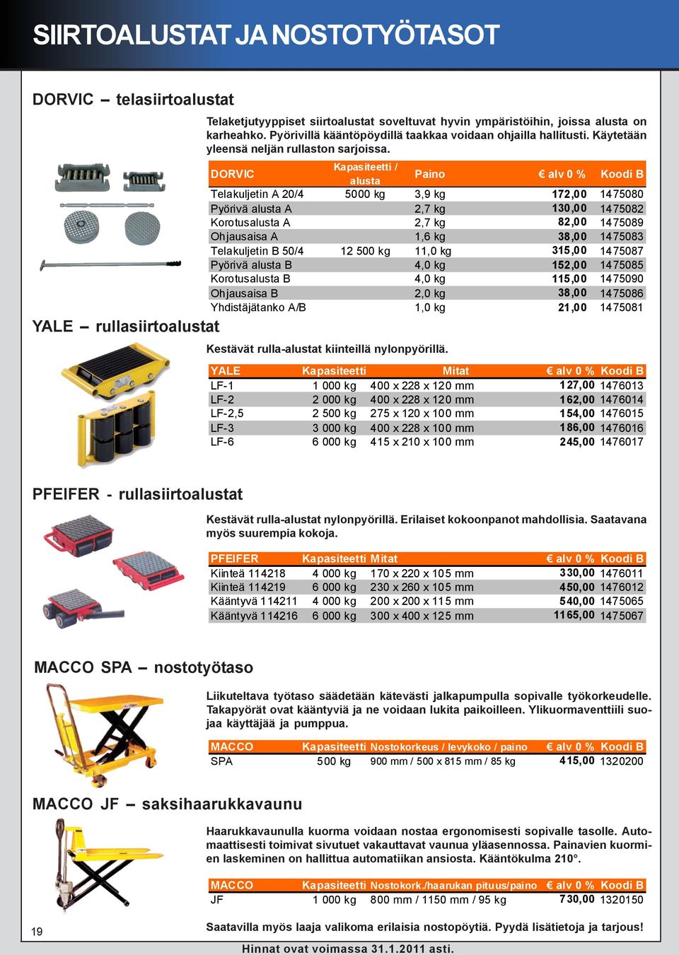 DORVIC Kapasiteetti / alusta Paino alv 0 % Koodi B Telakuljetin A 20/4 5000 kg 3,9 kg 172,00 1475080 Pyörivä alusta A 2,7 kg 130,00 1475082 Korotusalusta A 2,7 kg 82,00 1475089 Ohjausaisa A 1,6 kg