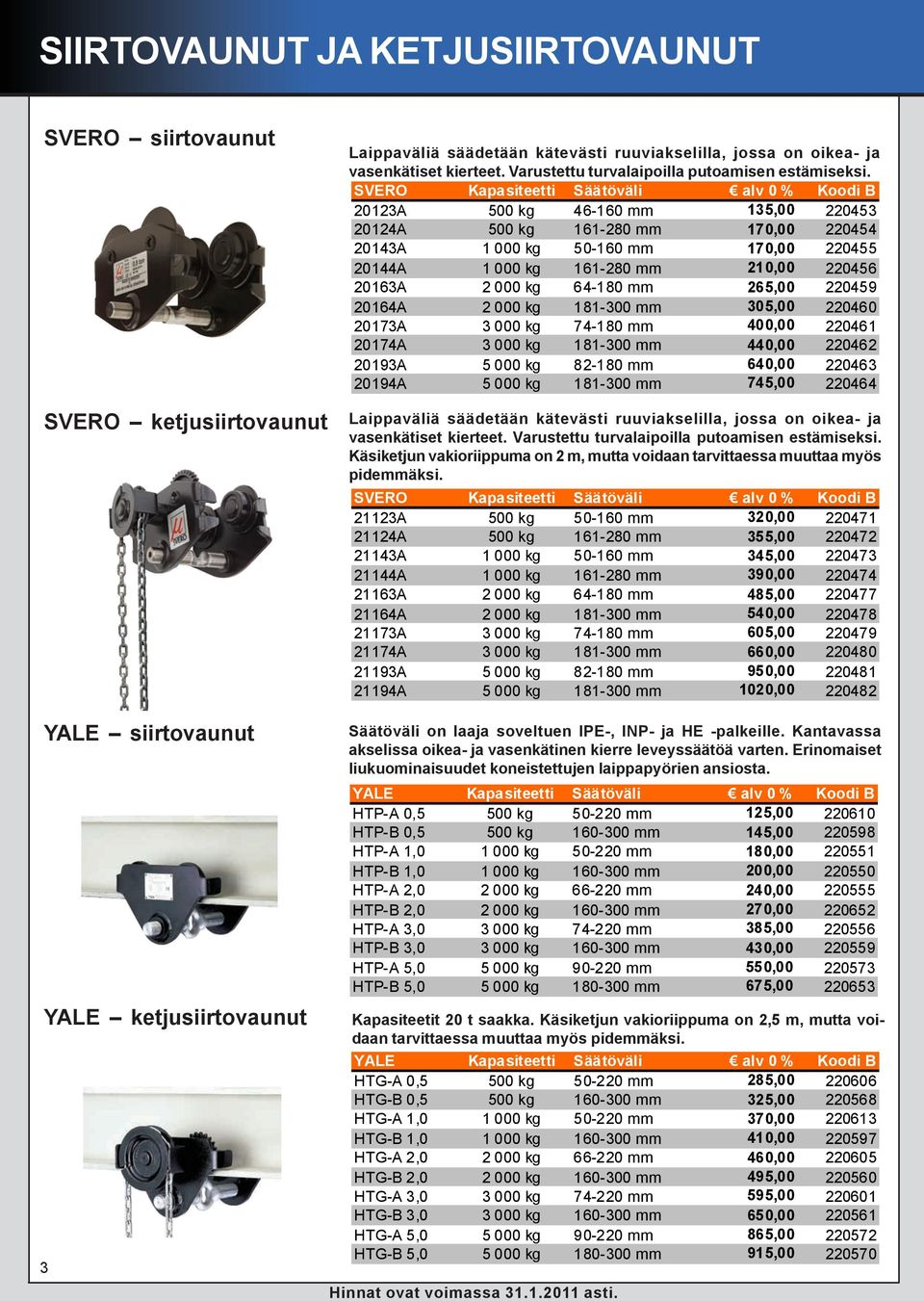 SVERO Kapasiteetti Säätöväli alv 0 % Koodi B 20123A 500 kg 46-160 mm 135,00 220453 20124A 500 kg 161-280 mm 170,00 220454 20143A 1 000 kg 50-160 mm 170,00 220455 20144A 1 000 kg 161-280 mm 210,00