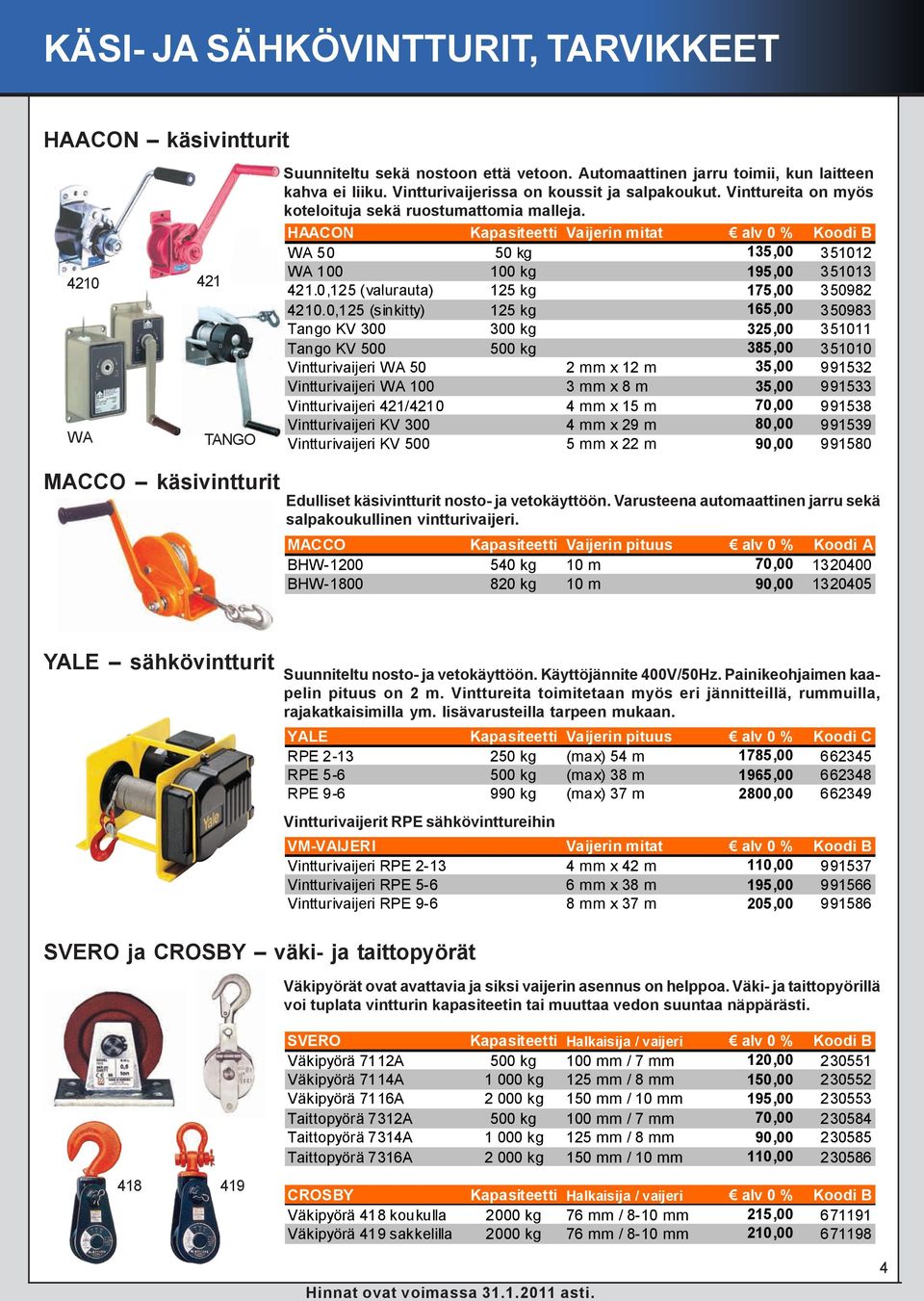 HAACON Kapasiteetti Vaijerin mitat alv 0 % Koodi B WA 50 50 kg 135,00 351012 WA 100 100 kg 195,00 351013 421.0,125 (valurauta) 125 kg 175,00 350982 4210.