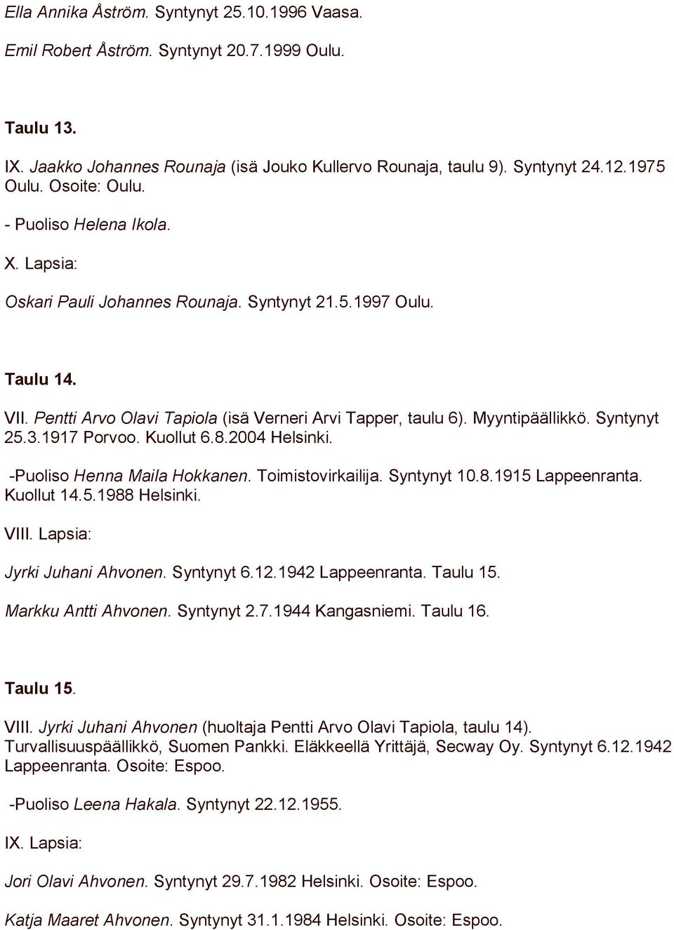 Syntynyt 25.3.1917 Porvoo. Kuollut 6.8.2004 Helsinki. -Puoliso Henna Maila Hokkanen. Toimistovirkailija. Syntynyt 10.8.1915 Lappeenranta. Kuollut 14.5.1988 Helsinki. VIII.