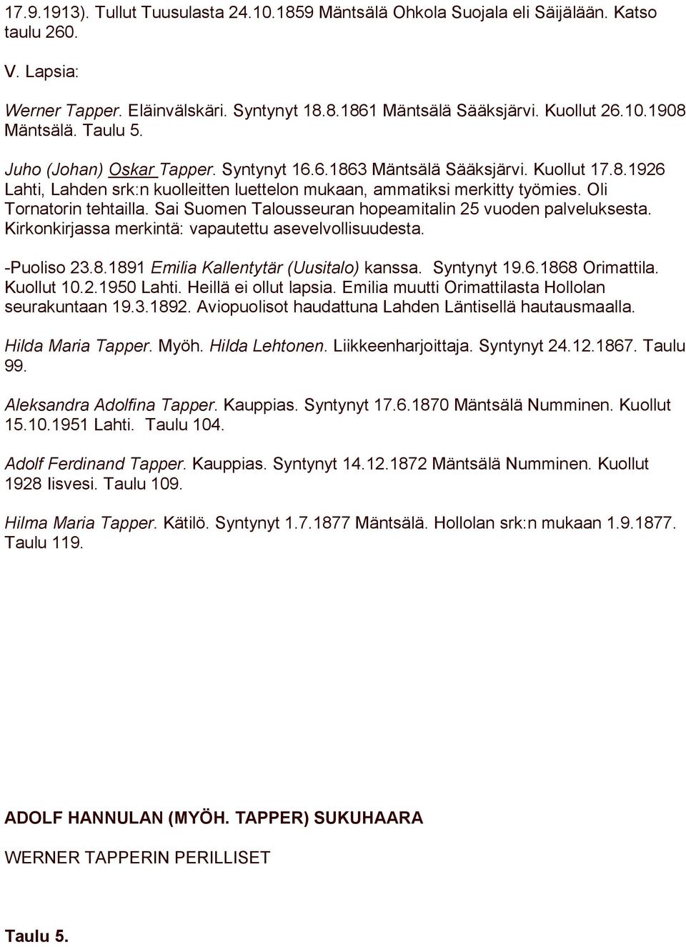 Sai Suomen Talousseuran hopeamitalin 25 vuoden palveluksesta. Kirkonkirjassa merkintä: vapautettu asevelvollisuudesta. -Puoliso 23.8.1891 Emilia Kallentytär (Uusitalo) kanssa. Syntynyt 19.6.