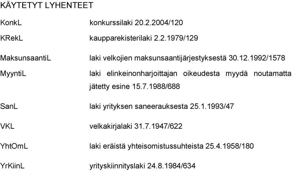 1.1993/47 VKL velkakirjalaki 31.7.1947/622 YhtOmL laki eräistä yhteisomistussuhteista 25.4.1958/180 YrKiinL yrityskiinnityslaki 24.