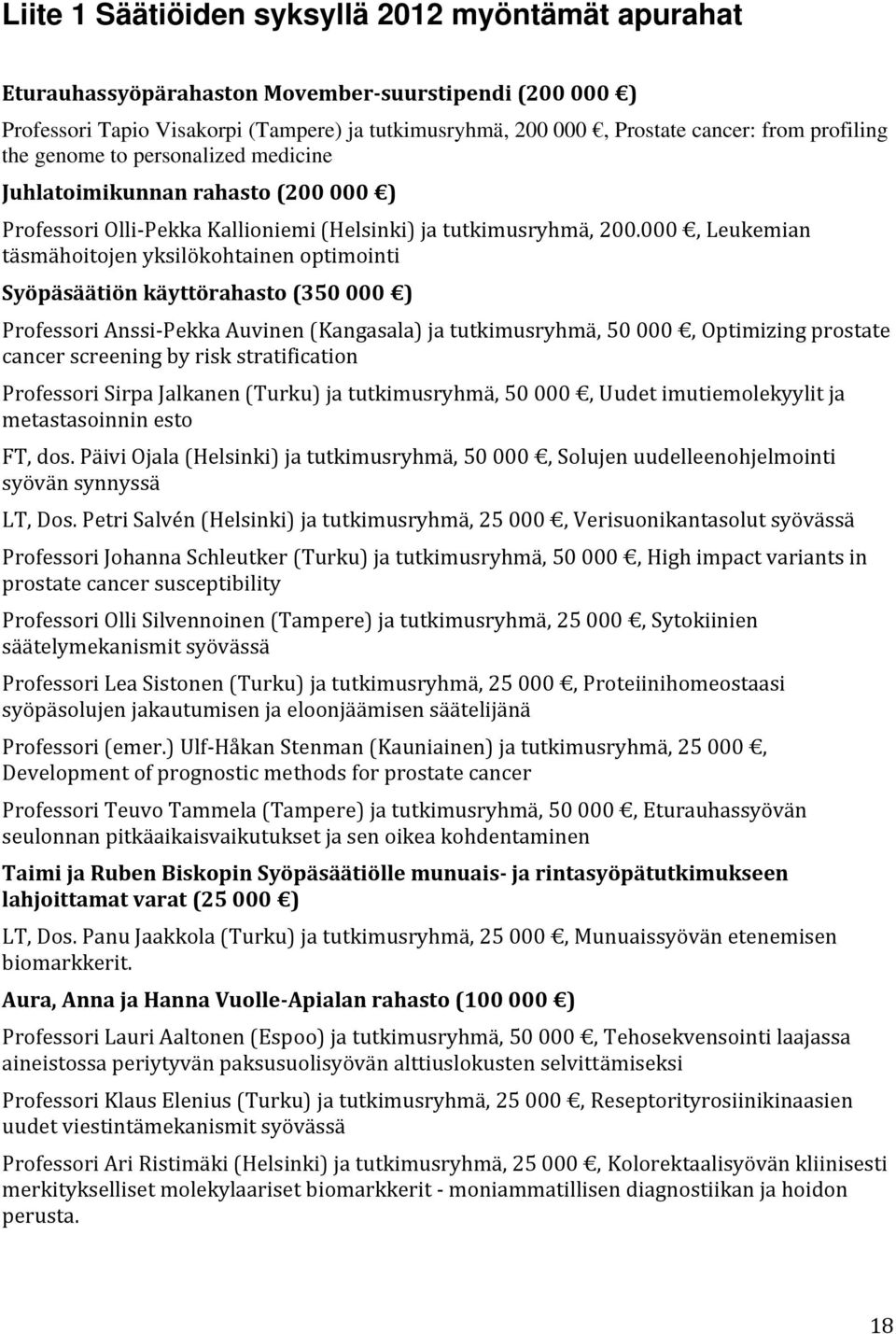 000, Leukemian täsmähoitojen yksilökohtainen optimointi Syöpäsäätiön käyttörahasto (350 000 ) Professori Anssi Pekka Auvinen (Kangasala) ja tutkimusryhmä, 50 000, Optimizing prostate cancer screening