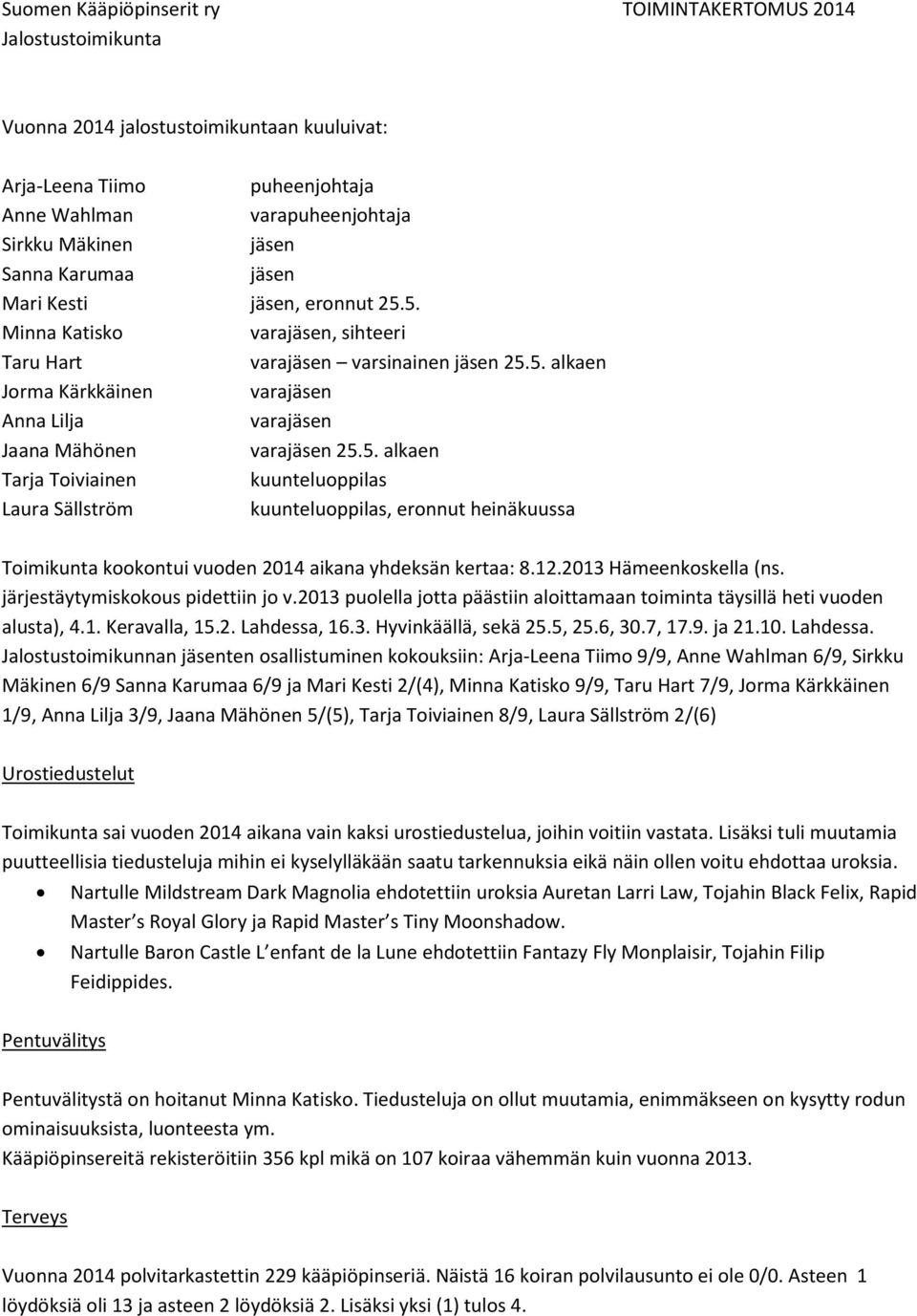 5. alkaen Tarja Toiviainen kuunteluoppilas Laura Sällström kuunteluoppilas, eronnut heinäkuussa Toimikunta kookontui vuoden 2014 aikana yhdeksän kertaa: 8.12.2013 Hämeenkoskella (ns.