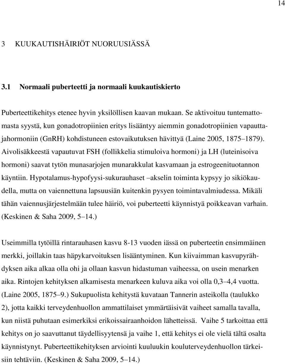 Aivolisäkkeestä vapautuvat FSH (follikkelia stimuloiva hormoni) ja LH (luteinisoiva hormoni) saavat tytön munasarjojen munarakkulat kasvamaan ja estrogeenituotannon käyntiin.