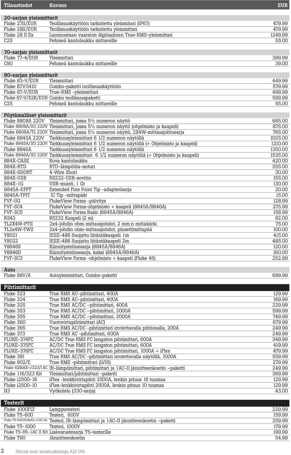 99 C90 Pehmeä kantolaukku mittareille 39.00 80-sarjan yleismittarit Fluke 83-V/EUR Yleismittari 449.99 Fluke 87V/i410 Combo-paketti teollisuuskäyttöön 579.99 Fluke 87-V/EUR True-RMS -yleismittari 499.