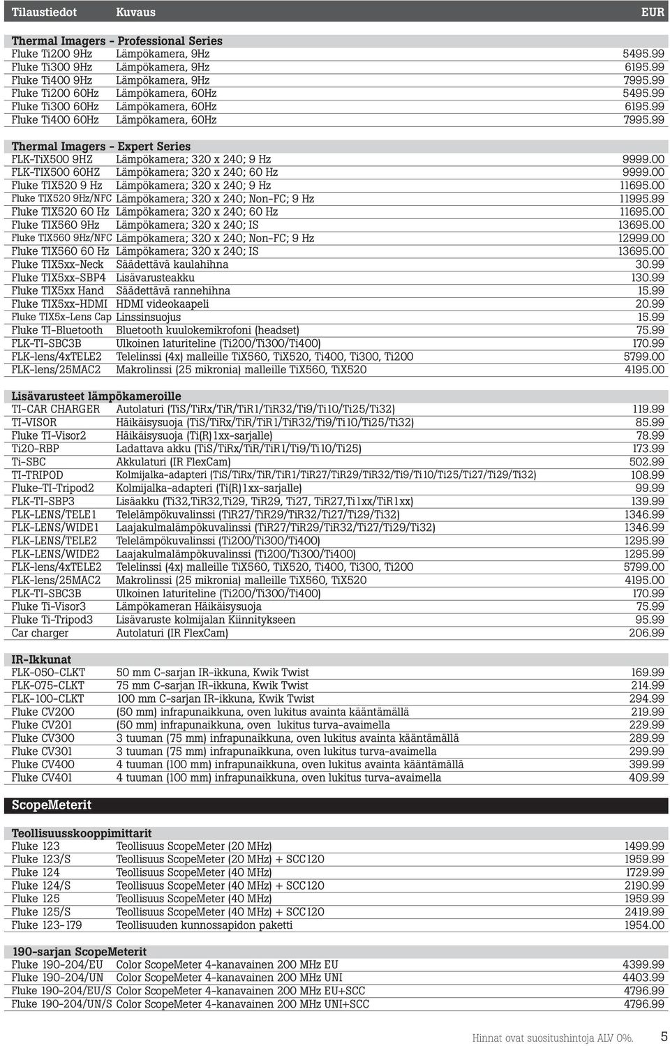 99 Thermal Imagers - Expert Series FLK-TiX500 9HZ Lämpökamera; 320 x 240; 9 Hz 9999.00 FLK-TIX500 60HZ Lämpökamera; 320 x 240; 60 Hz 9999.00 Fluke TIX520 9 Hz Lämpökamera; 320 x 240; 9 Hz 11695.