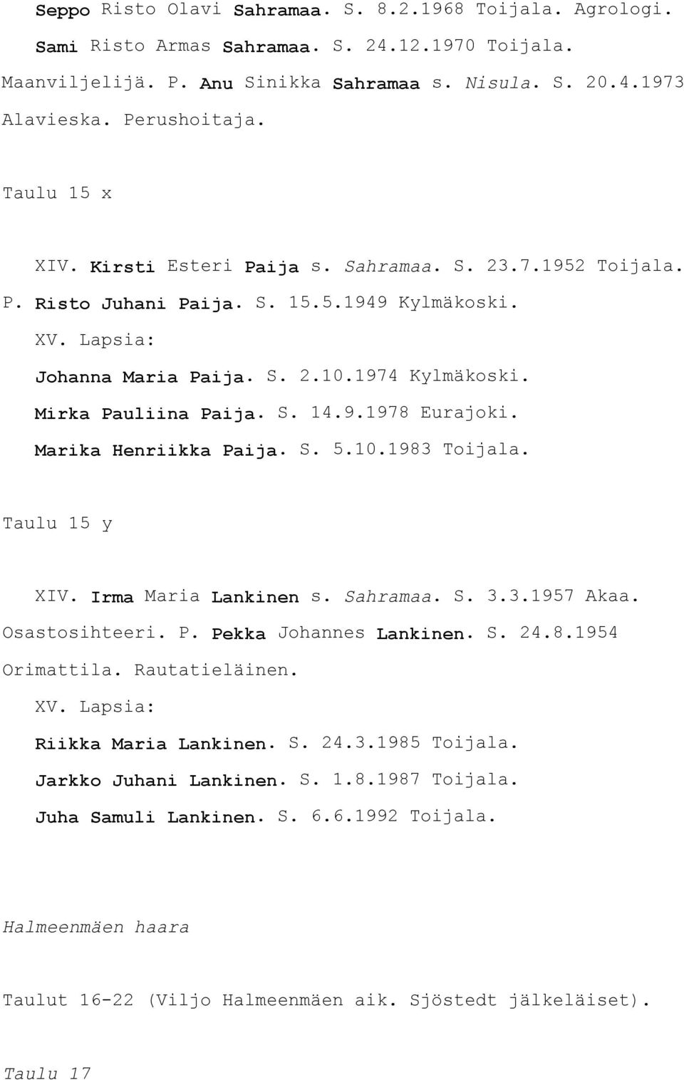 S. 14.9.1978 Eurajoki. Marika Henriikka Paija. S. 5.10.1983 Toijala. Taulu 15 y XIV. Irma Maria Lankinen s. Sahramaa. S. 3.3.1957 Akaa. Osastosihteeri. P. Pekka Johannes Lankinen. S. 24.8.1954 Orimattila.