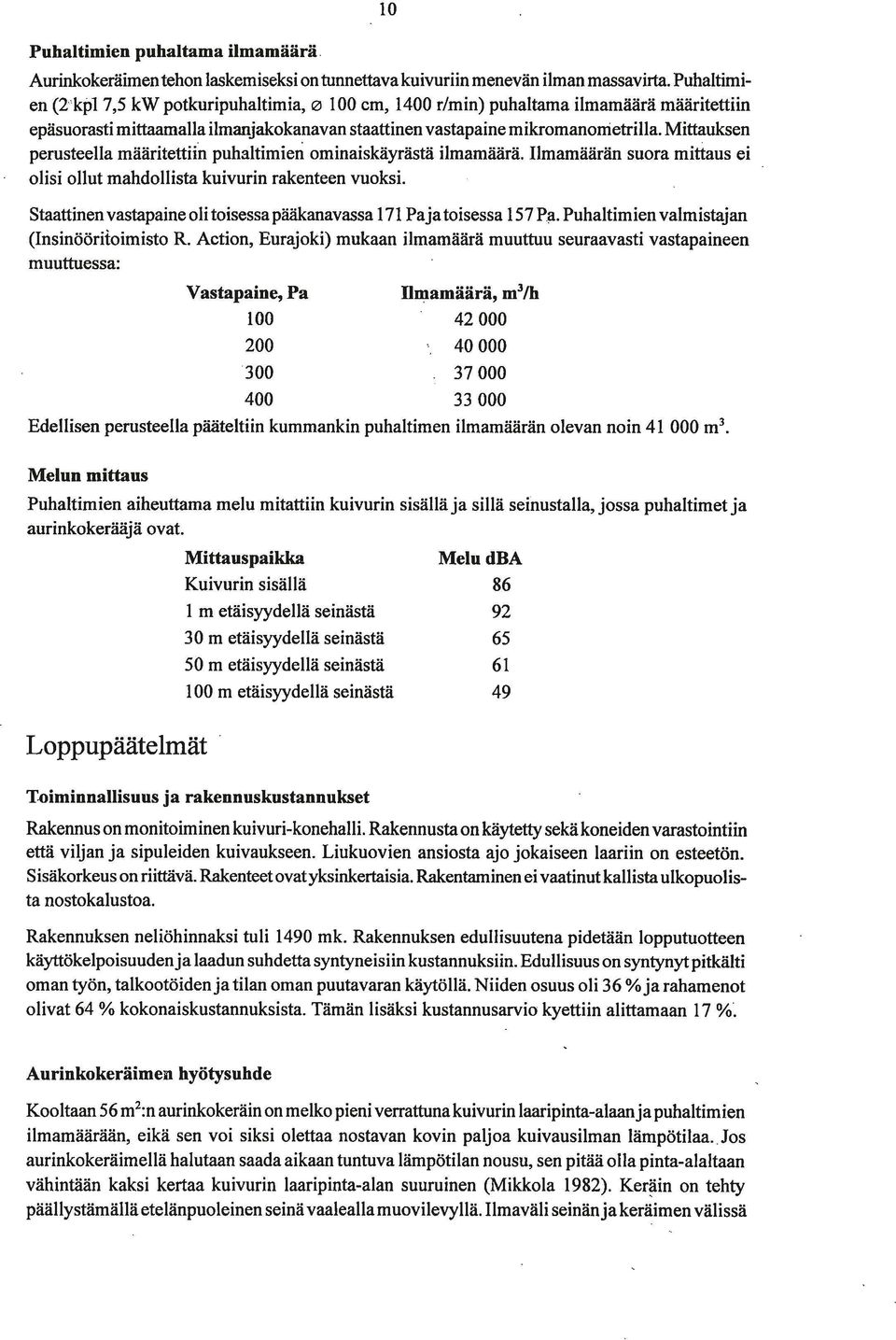 Mittauksen perusteella määritettiin puhaltimieri ominaiskäyrästä ilmamäärä. Ilmamäärän suora mittaus ei olisi ollut mahdollista kuivurin rakenteen vuoksi.