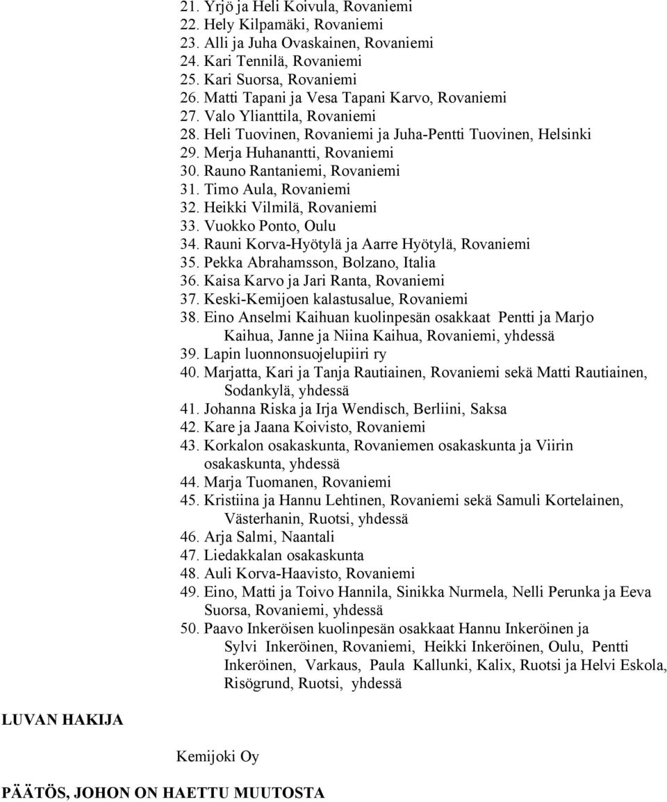 Rauno Rantaniemi, Rovaniemi 31. Timo Aula, Rovaniemi 32. Heikki Vilmilä, Rovaniemi 33. Vuokko Ponto, Oulu 34. Rauni Korva-Hyötylä ja Aarre Hyötylä, Rovaniemi 35. Pekka Abrahamsson, Bolzano, Italia 36.