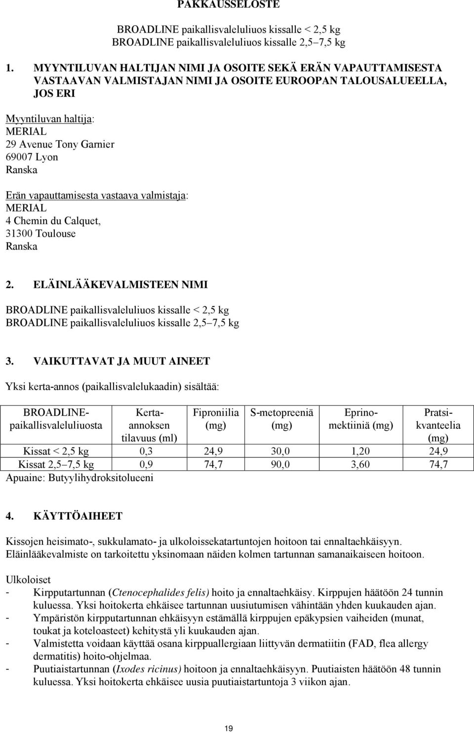 Ranska Erän vapauttamisesta vastaava valmistaja: MERIAL 4 Chemin du Calquet, 31300 Toulouse Ranska 2.