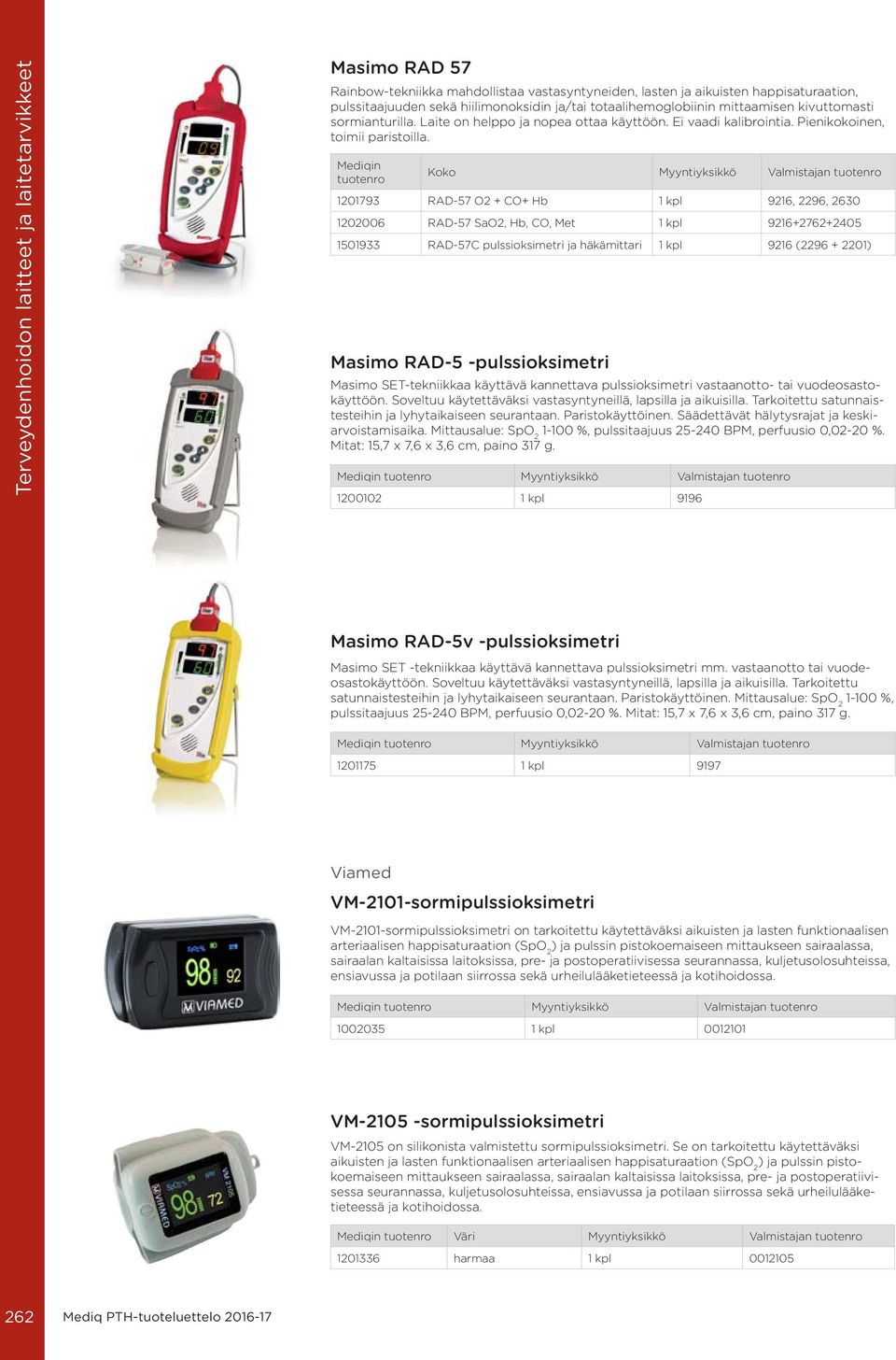 1201793 RAD-57 O2 + CO+ Hb 1 kpl 9216, 2296, 2630 1202006 RAD-57 SaO2, Hb, CO, Met 1 kpl 9216+2762+2405 1501933 RAD-57C pulssioksimetri ja häkämittari 1 kpl 9216 (2296 + 2201) Masimo RAD-5