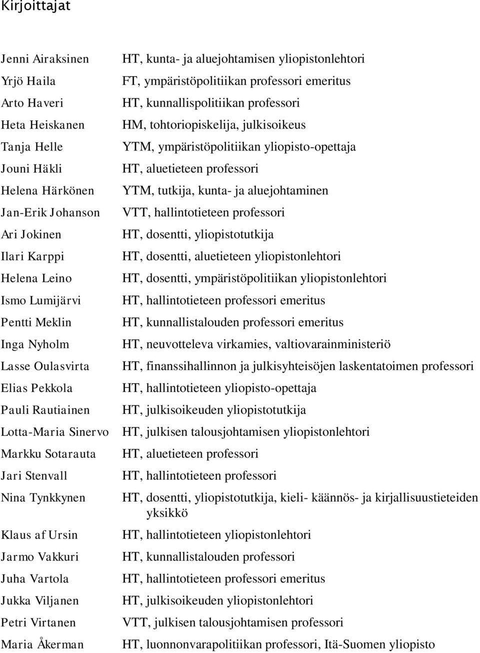 tohtoriopiskelija, julkisoikeus YTM, ympäristöpolitiikan yliopisto-opettaja HT, aluetieteen professori YTM, tutkija, kunta- ja aluejohtaminen VTT, hallintotieteen professori HT, dosentti,