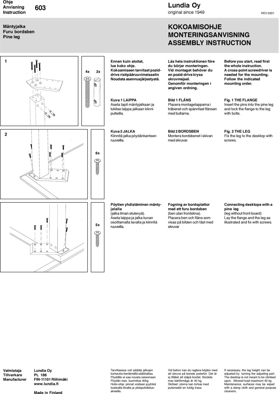 A cross-point screwdriver is needed for the mounting. Follow the indicated mounting order. Kuva 1 LAIPPA Aseta tapit mäntyjalkaan ja lukitse laippa jalkaan kiinni pulteilla.