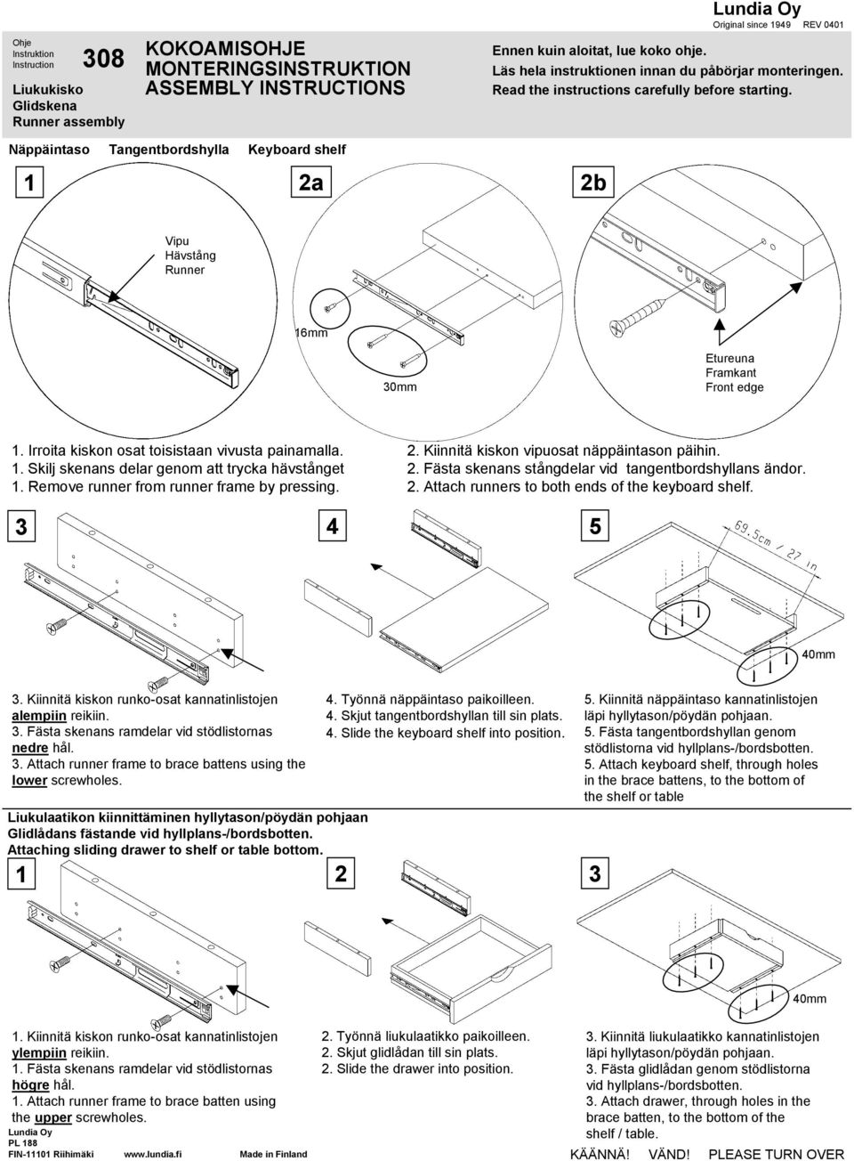 Irroita kiskon osat toisistaan vivusta painamalla. 1. Skilj skenans delar genom att trycka hävstånget 1. Remove runner from runner frame by pressing. 2. Kiinnitä kiskon vipuosat näppäintason päihin.