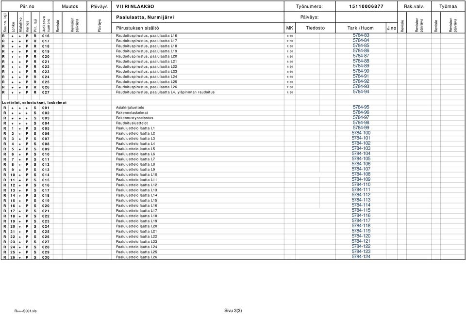 no R + + P R 016 Raudoituspirustus, paalulaatta L16 1:50 5784-83 R + + P R 017 Raudoituspirustus, paalulaatta L17 1:50 5784-84 R + + P R 018 Raudoituspirustus, paalulaatta L18 1:50 5784-85 R + + P R