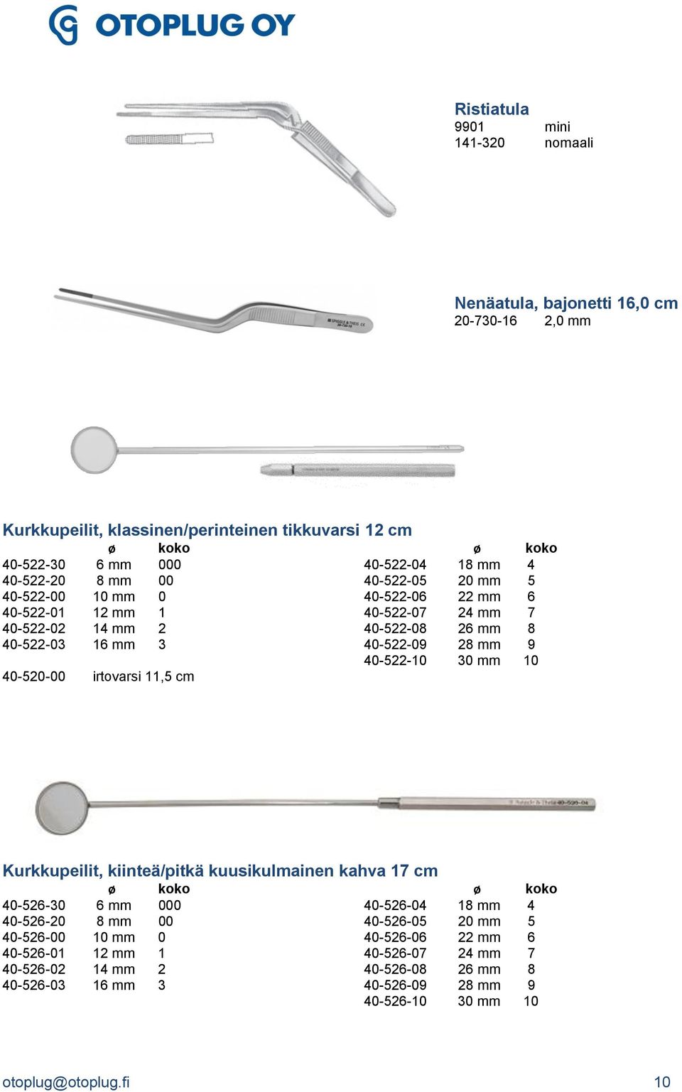 40-522-10 30 mm 10 40-520-00 irtovarsi 11,5 cm Kurkkupeilit, kiinteä/pitkä kuusikulmainen kahva 17 cm ø koko ø koko 40-526-30 6 mm 000 40-526-04 18 mm 4 40-526-20 8 mm 00 40-526-05 20