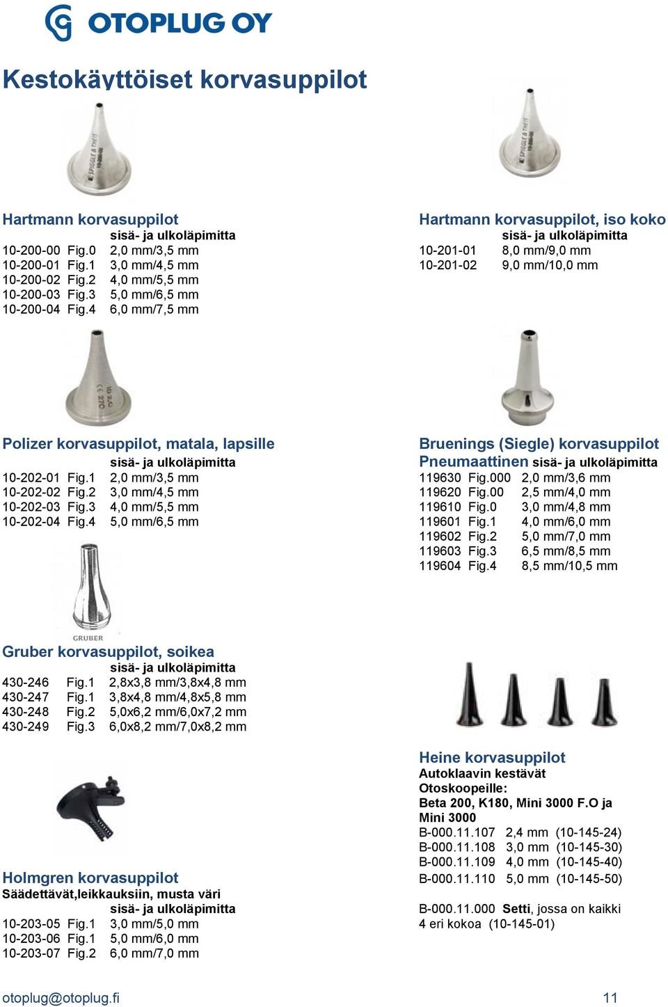 4 6,0 mm/7,5 mm Polizer korvasuppilot, matala, lapsille Bruenings (Siegle) korvasuppilot sisä- ja ulkoläpimitta Pneumaattinen sisä- ja ulkoläpimitta 10-202-01 Fig.1 2,0 mm/3,5 mm 119630 Fig.