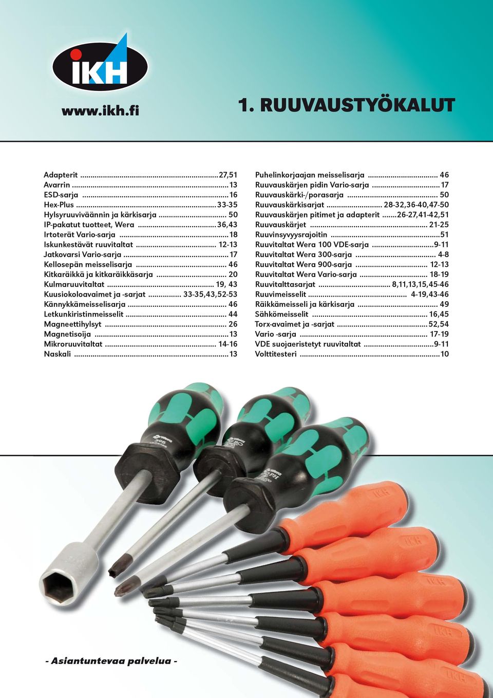 .. 33-35,43,52-53 Kännykkämeisselisarja... 46 Letkunkiristinmeisselit... 44 Magneettihylsyt... 26 Magnetisoija...13 Mikroruuvitaltat... 14-16 Naskali...13 Puhelinkorjaajan meisselisarja.