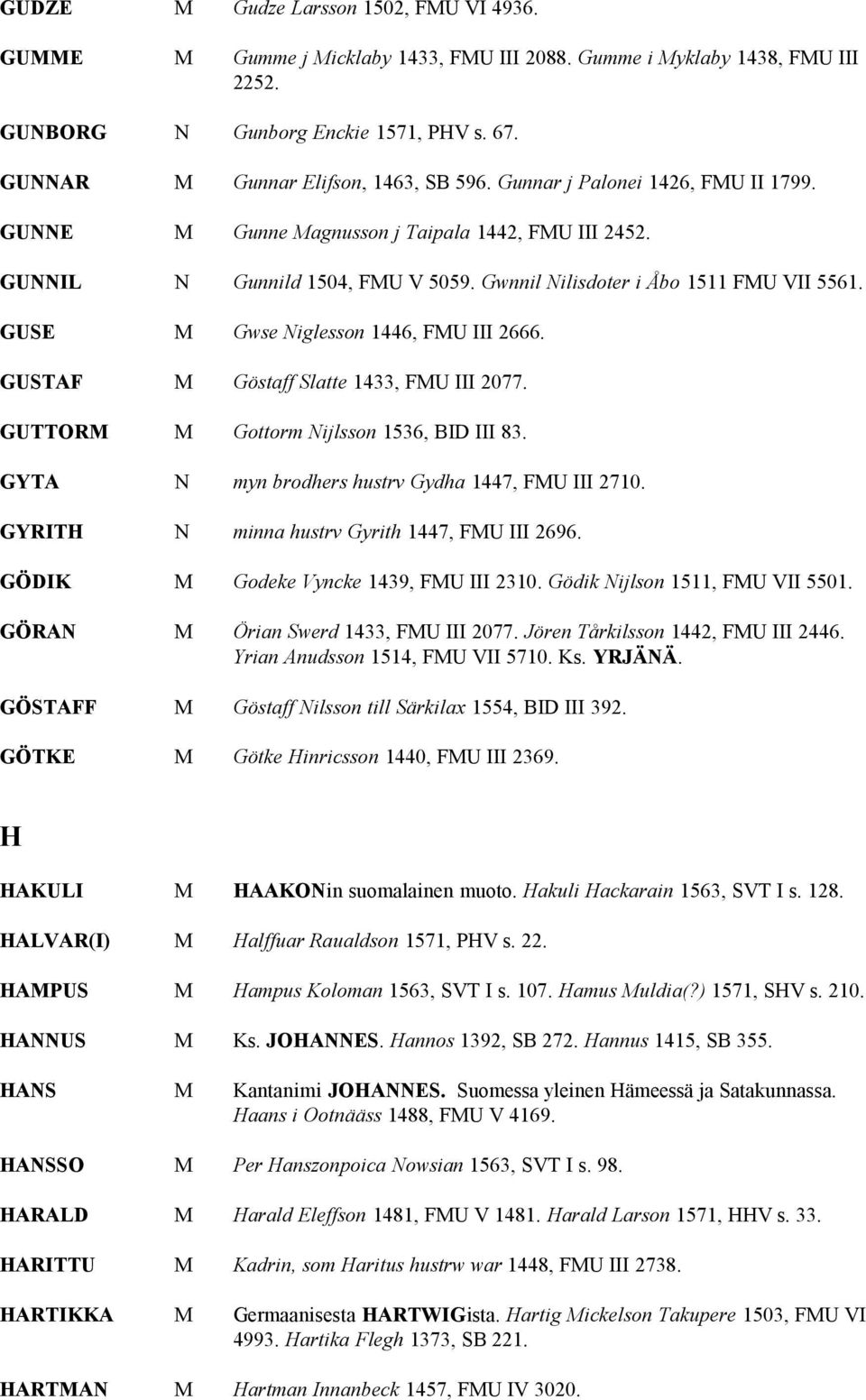 Gwnnil Nilisdoter i Åbo 1511 FMU VII 5561. GUSE M Gwse Niglesson 1446, FMU III 2666. GUSTAF M Göstaff Slatte 1433, FMU III 2077. GUTTORM M Gottorm Nijlsson 1536, BID III 83.