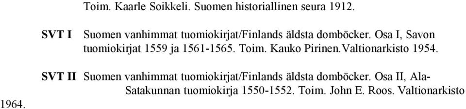 Osa I, Savon tuomiokirjat 1559 ja 1561-1565. Toim. Kauko Pirinen.Valtionarkisto 1954.